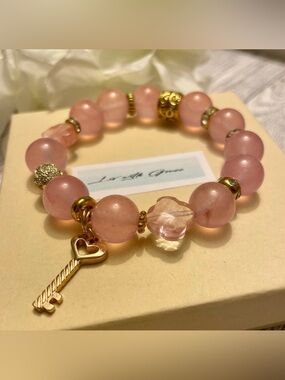 Pink 12mm Quartz Bracelet with Heart Key charm gold accents, stretch, charm